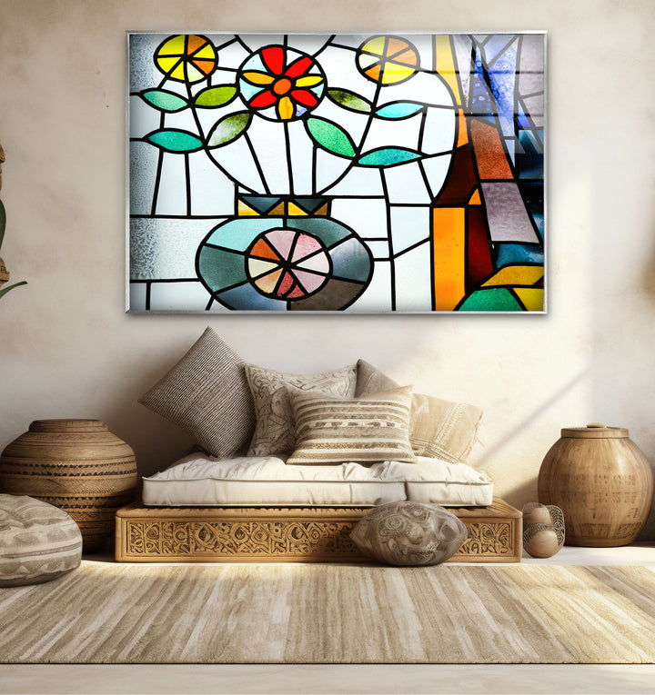 Floral Stained Glass Wall Art – Colorful Flower Vase Mosaic Panel
