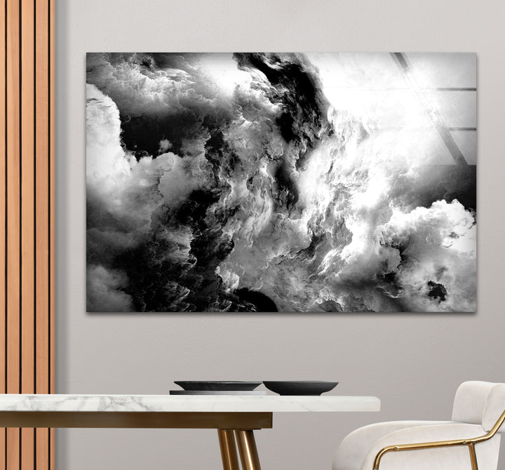 Monochrome Storm Wall Art – Black and White Cloud Glass Print Decor