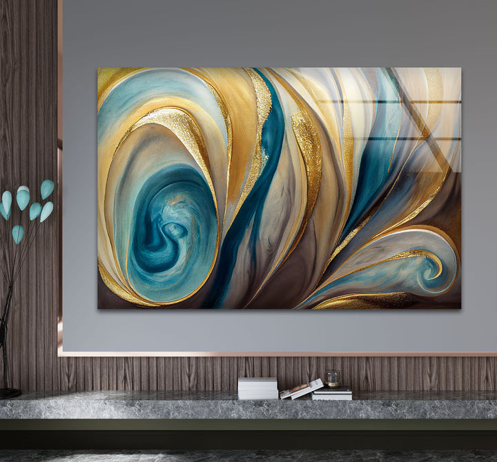 Teal Gold Swirl Wall Art – Elegant Abstract Glass Print for Modern Interiors