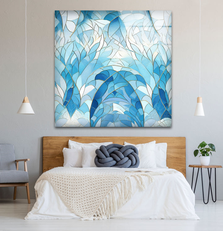 Ocean Leaf Stained Glass Wall Art – Blue Botanical Window Panel, Calming Nature Decor