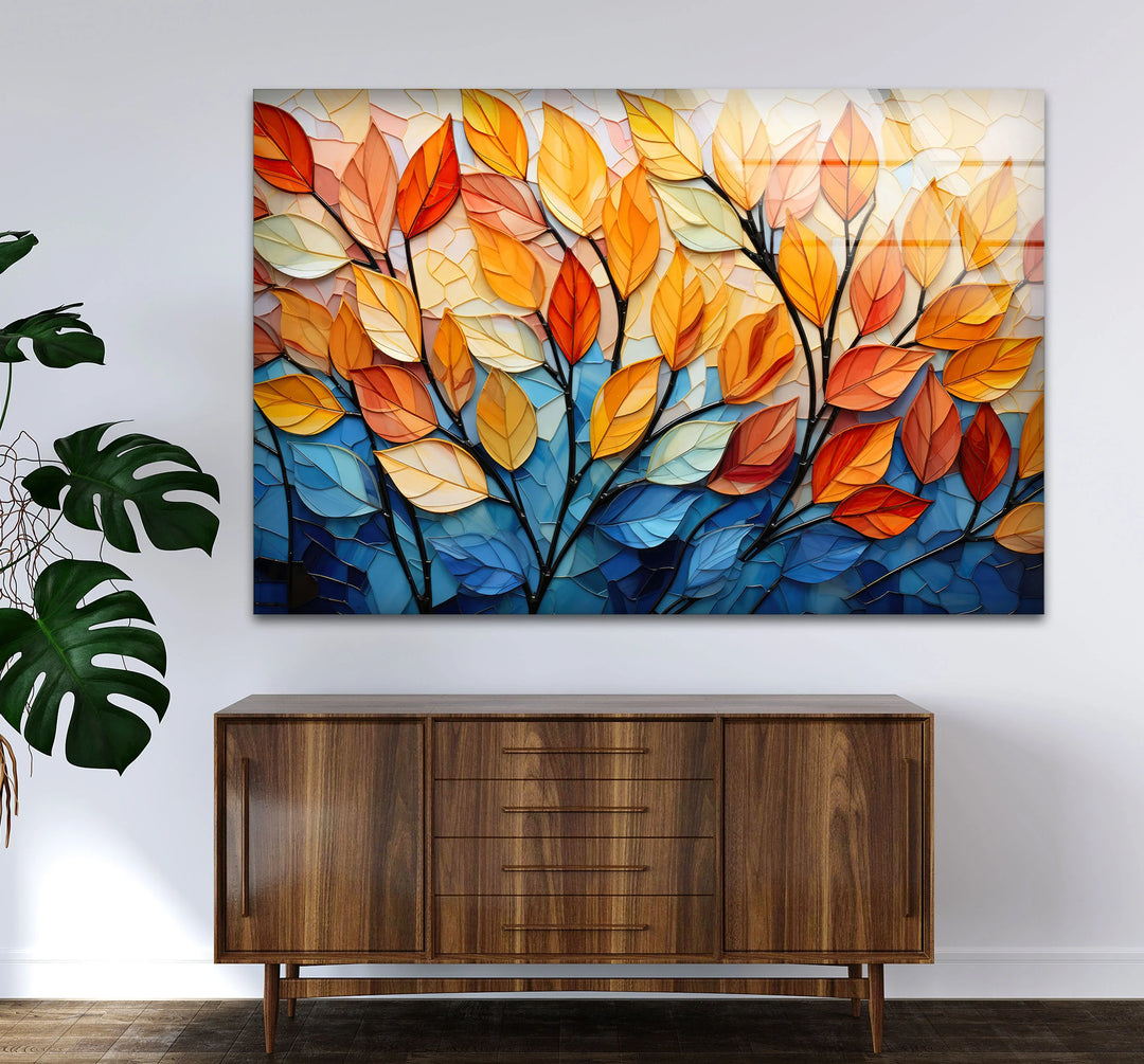 Stained Glass Autumn Leaves Wall Art – Tempered Glass Foliage Print - MyPhotoStation