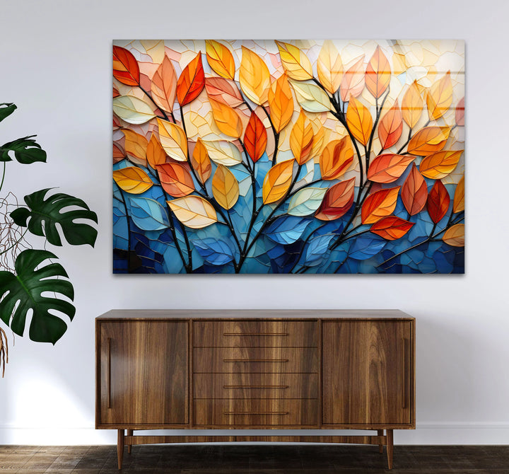 Stained Glass Autumn Leaves Wall Art – Tempered Glass Foliage Print - MyPhotoStation