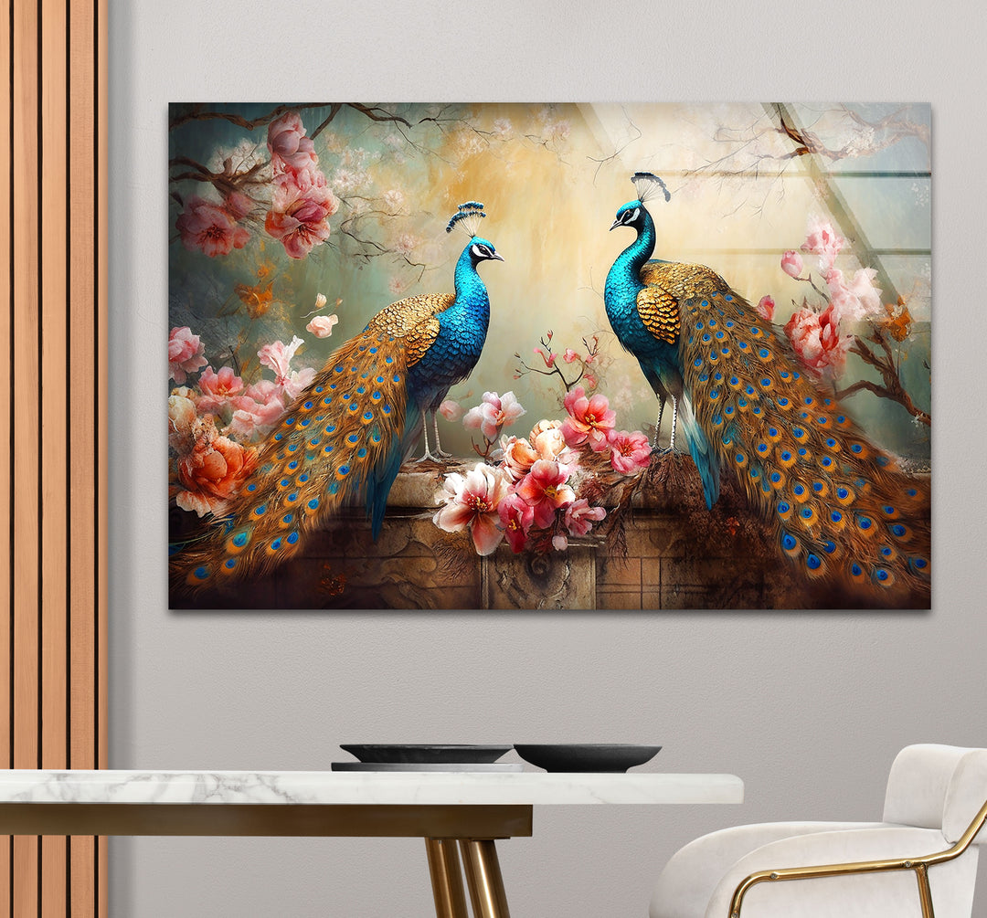 Elegant Peacock Wall Art – Floral Tempered Glass Print for Luxury Interiors