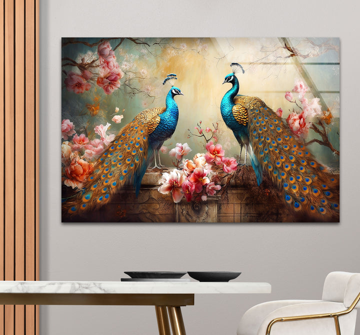 Elegant Peacock Wall Art – Floral Tempered Glass Print for Luxury Interiors
