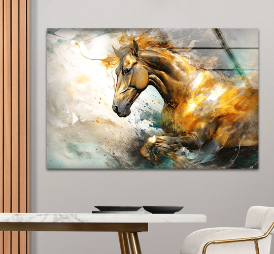 A close-up view of a majestic golden horse, captured in dynamic motion as part of striking wall art prints.