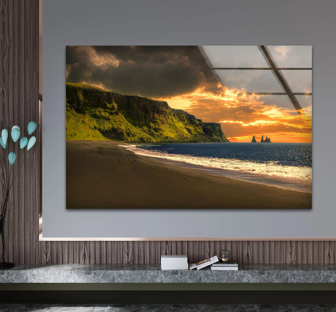 Sunset Cliffs Coastal Wall Art – Iceland Beach Landscape Glass Print - MyPhotoStation