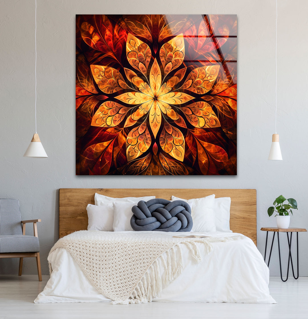 Fiery Mandala Wall Art – Intricate Floral Design with Warm Tones for Home & Office