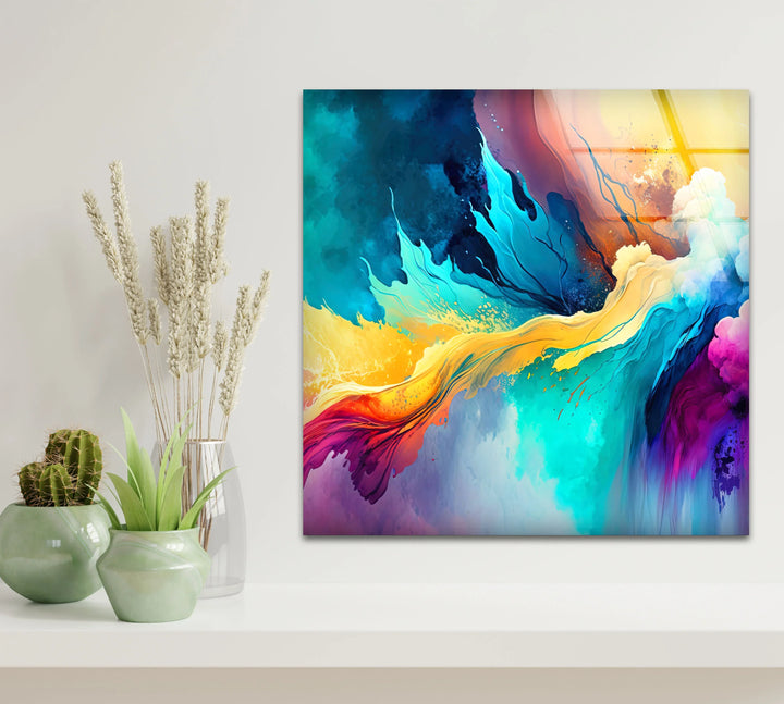 Explosive Color Abstract Glass Wall Art – Vibrant Turquoise & Yellow Energy - MyPhotoStation