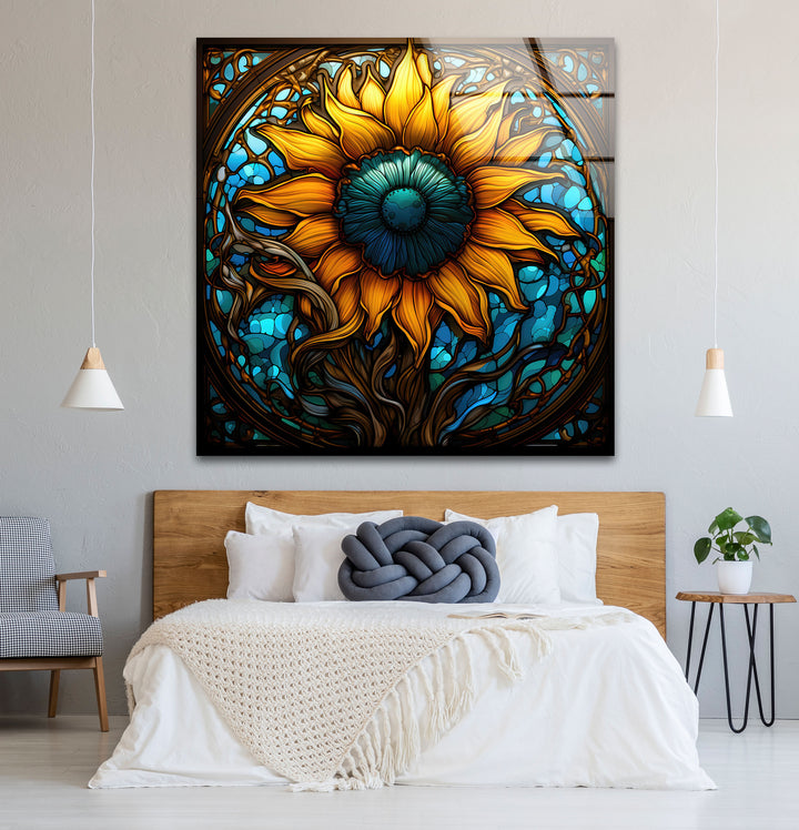 Sonnenblumen-Buntglas-Wandkunst – Lebendiges, florales, von der Natur inspiriertes Dekor 