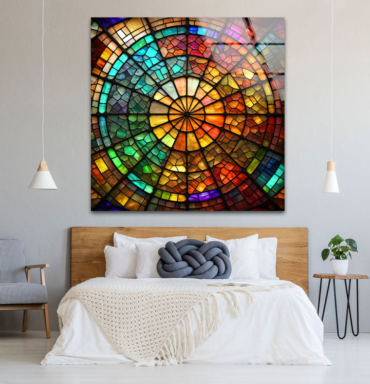 Radiant Wheel Mosaic Stained Glass Wall Art – Colorful Circular Window Decor