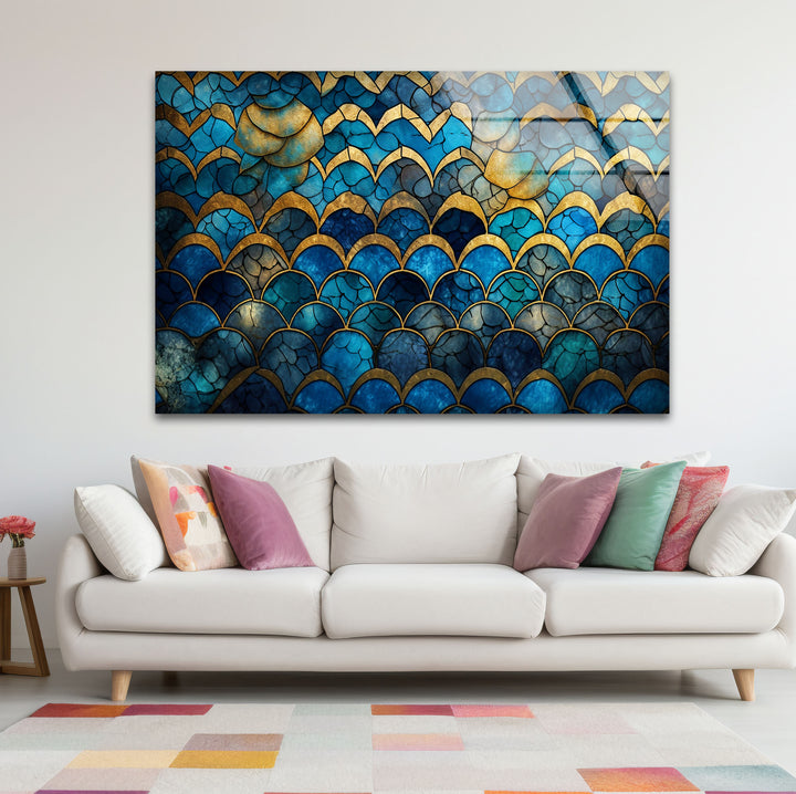 Blau-goldene Wellenmosaik-Glaskunst – Vom Meer inspirierte, rissige Textur 