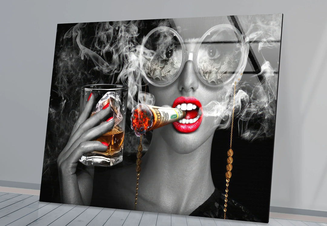 Luxury Diva Wall Art with Whiskey and Dollar Cigar – Bold Glam Glass Print - MyPhotoStation