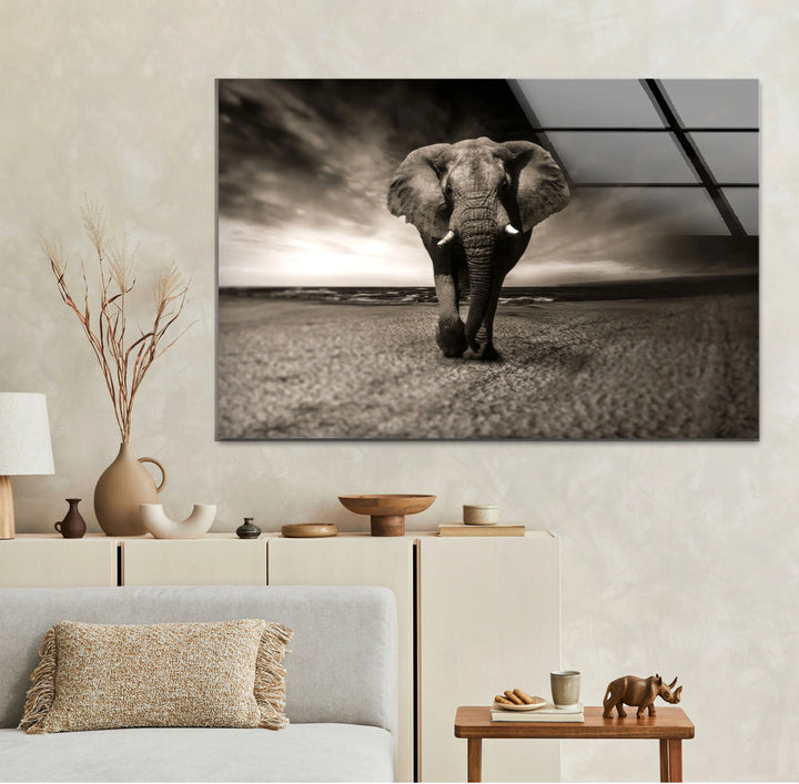 Majestic Elephant on the Beach Glass Wall Art – Black and White Animal Decor - MyPhotoStation