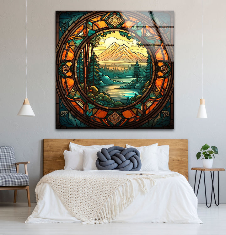 Stained Glass Mountain Landscape – Scenic Forest & River Window Panel