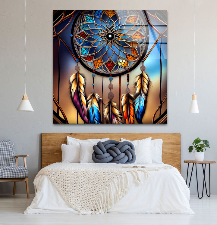 Dreamcatcher Stained Glass Wall Art – Boho Spirit Window Design, Tribal Home Decor