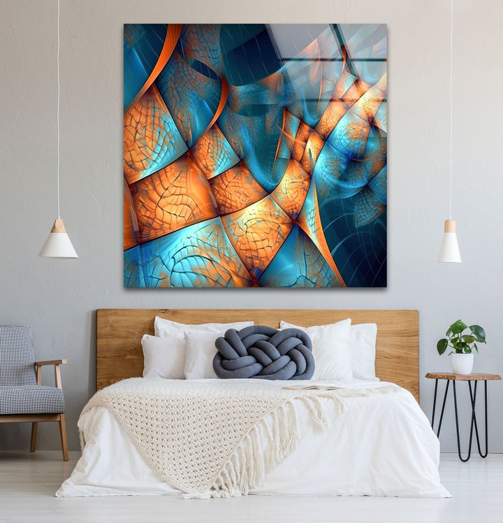 Fraktale Wellen-Glaswandkunst – Blaues und oranges abstraktes Flussdesign für moderne Räume 