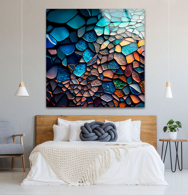 Strukturierte Mosaik-Glaswandkunst – Farbpalette des tiefen Ozeans, abstraktes steinähnliches Design 
