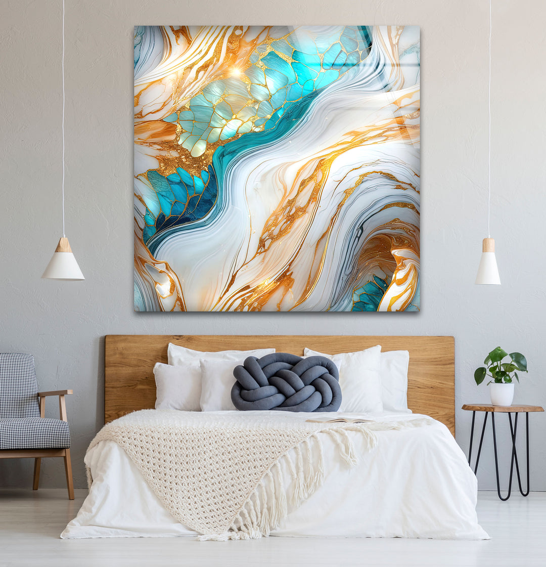 Luxuriöse Wandkunst aus goldenem und türkisfarbenem Marmor – Abstraktes, fließendes Design für moderne Innenräume