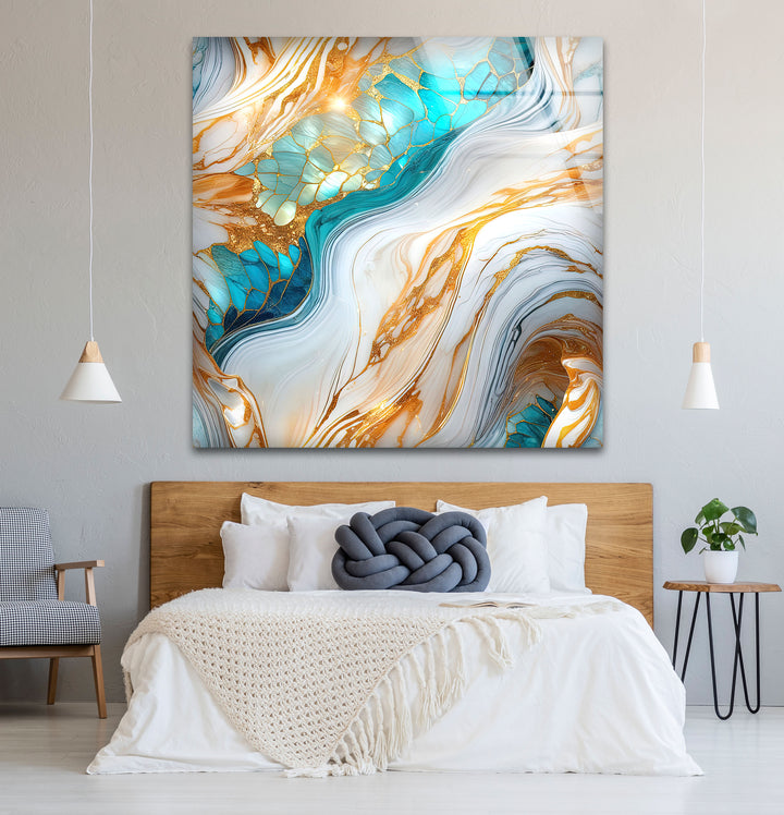 Luxuriöse Wandkunst aus goldenem und türkisfarbenem Marmor – Abstraktes, fließendes Design für moderne Innenräume