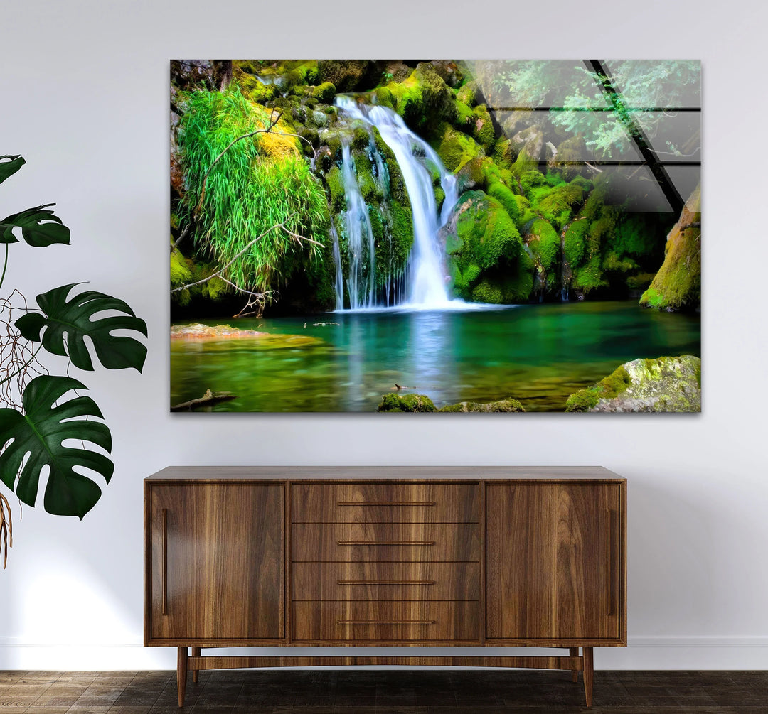 Forest Waterfall Wall Art – Serene Glass Landscape Print with Lush Green Moss and Crystal Clear Stream for Nature-Inspired Interiors - MyPhotoStation