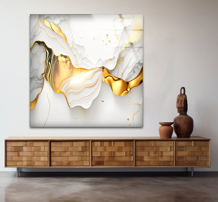 White and Gold Abstract Wall Art – Luxury Fluid Marble Glass Print for Modern Glam Interiors and Chic Living Spaces - MyPhotoStation
