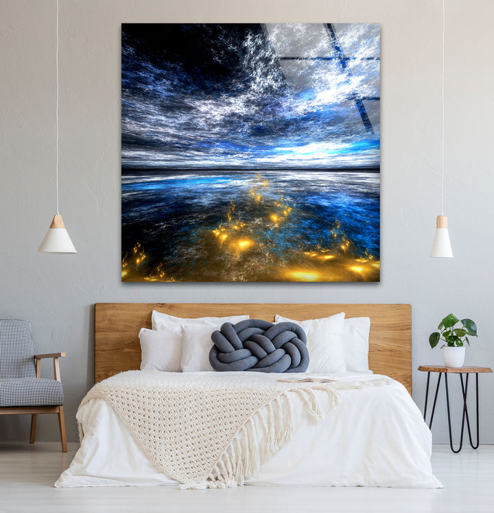 Celestial Ocean Light Wall Art – Abstract Blue and Gold Horizon Glass Print