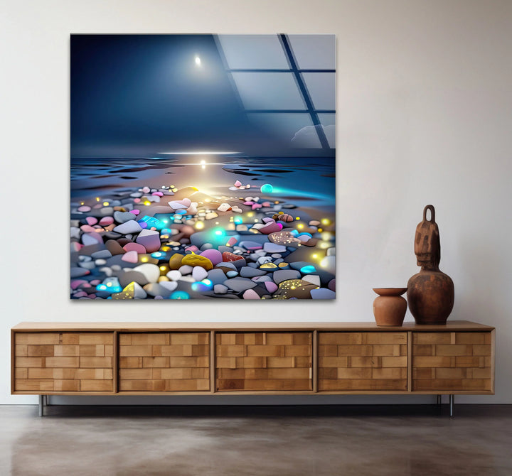 Colorful Pebble Beach at Sunset – Dreamy Ocean Glass Wall Art for Modern Decor - MyPhotoStation