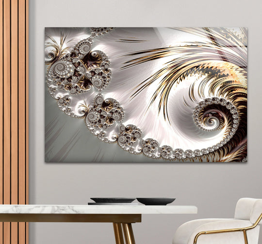 Elegant glass printing showcasing a luminous white and gold abstract fractal spiral.