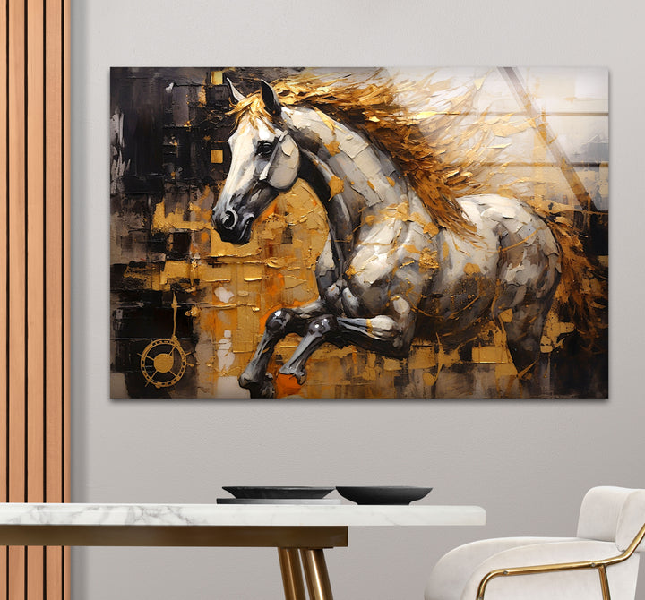 Golden Spirit Horse Wandkunst – Abstrakter Glasdruck mit rennendem Hengst