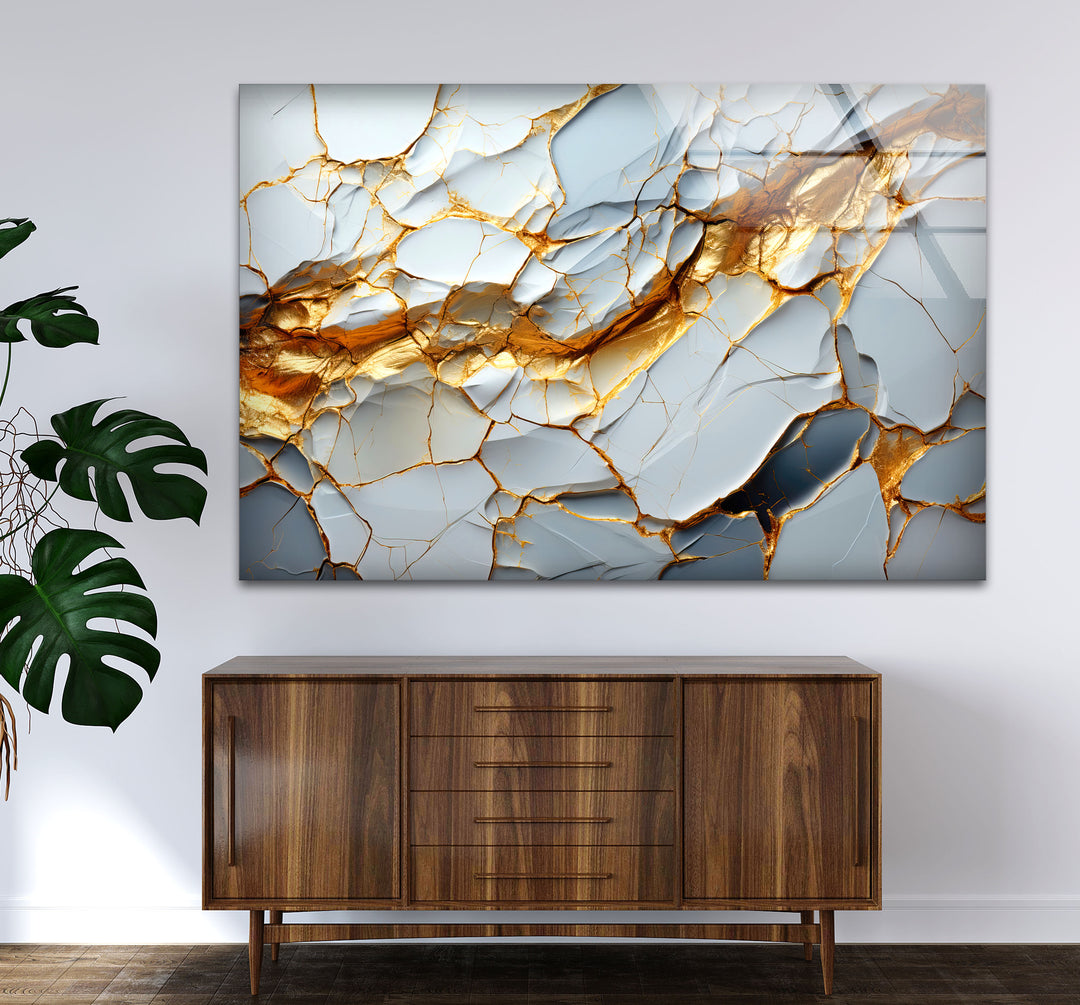 Golden Vein Marble Glass Wall Art – Luxury Abstract Stone Design for Modern Interiors