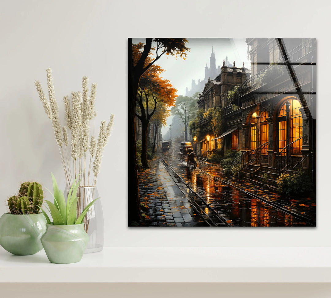 Rainy Vintage Street Wall Art – Warm Autumn Cityscape Glass Print - MyPhotoStation