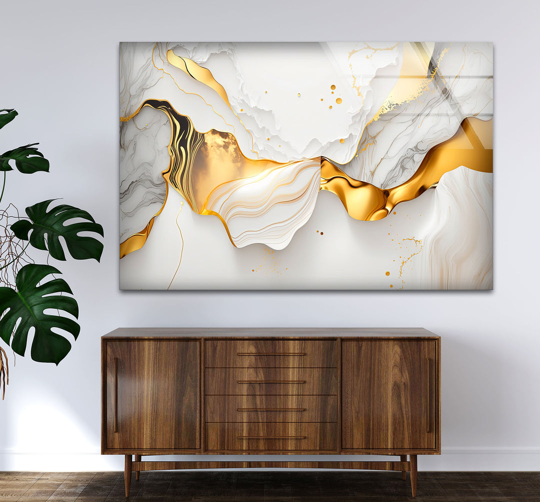 Marble Gold Wave Wall Art – Luxury Abstract Glass Print for Modern Interiors