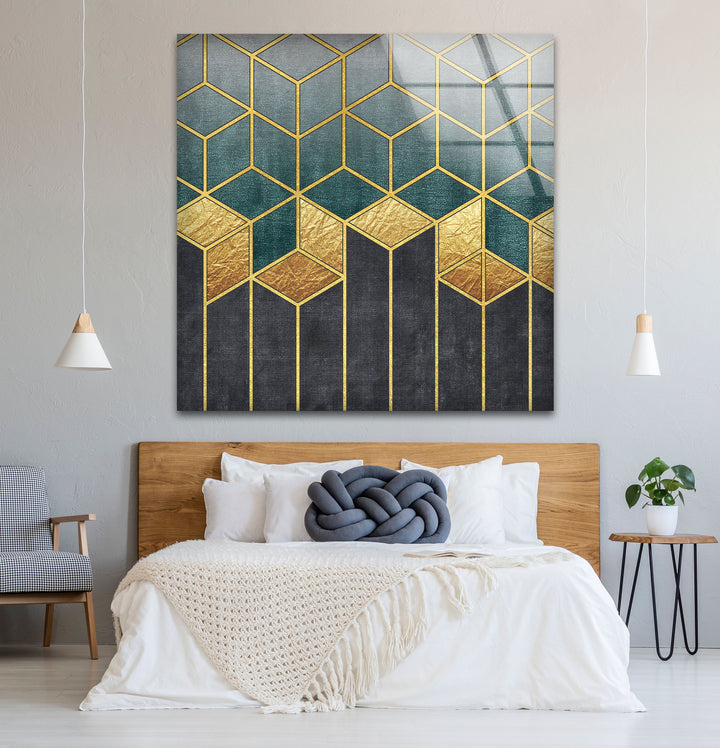 Gold Teal Geometric Wall Art – Luxury Patterned Glass Print for Modern Decor