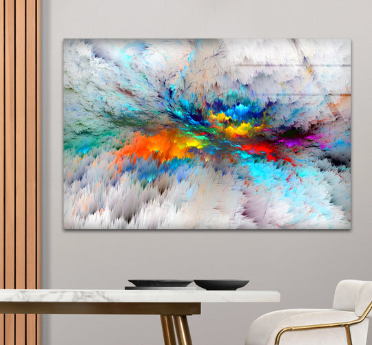 Prismatic Burst glass art features a vibrant explosion of geometric shards in vivid colors, creating an abstract visual spectacle.