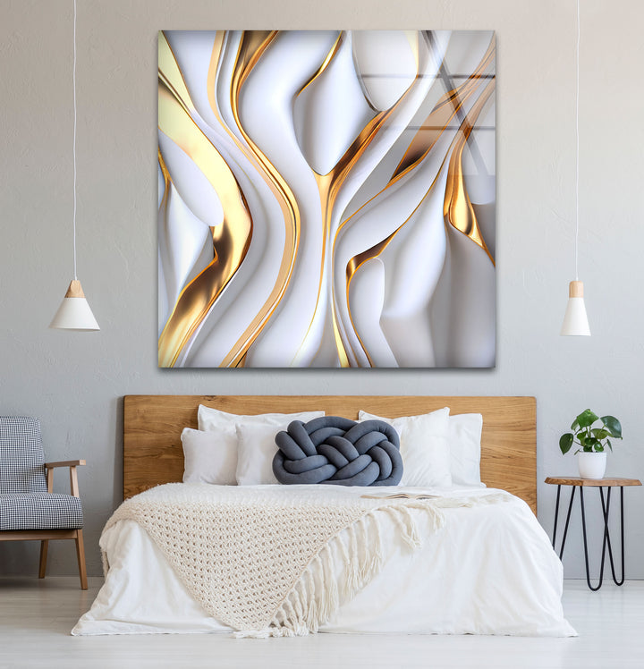 Gold White Abstract Wall Art – Luxury Fluid Texture Glass Print for Modern Interiors