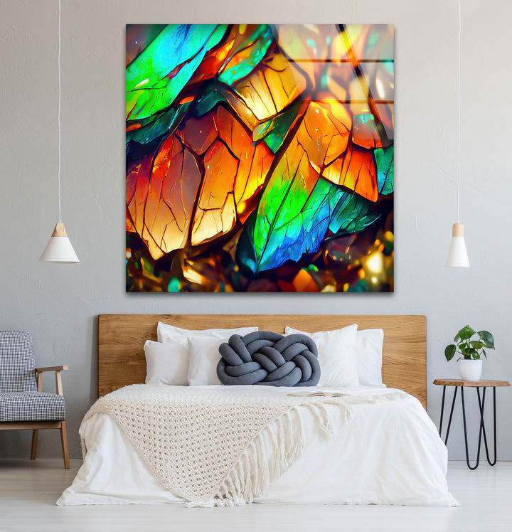 Abstrakte Glaswandkunst mit schillernden Blättern – Lebendiges botanisches Dekor 