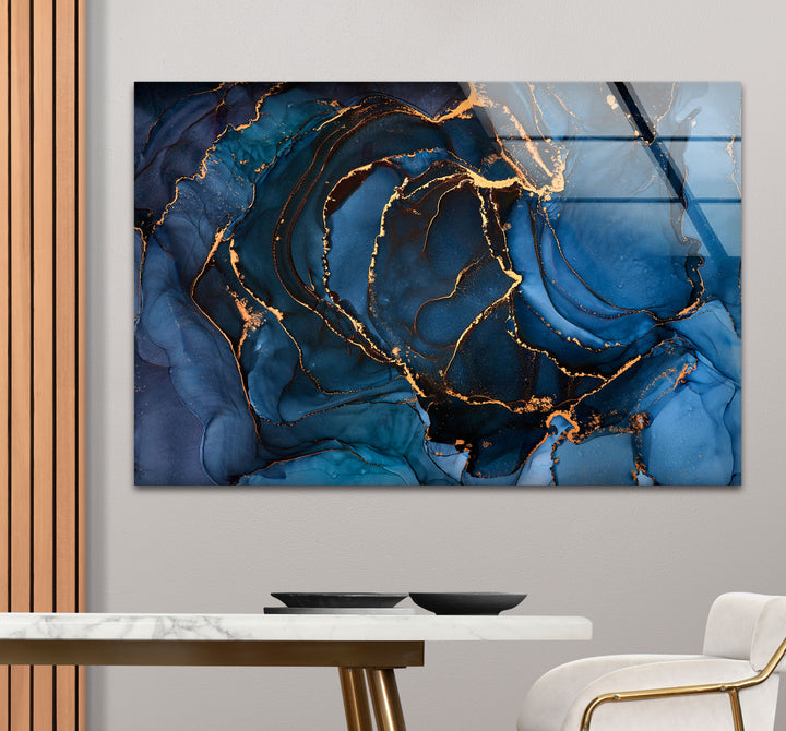 Midnight Blue Gold Abstract Wall Art – Luxury Fluid Ink Glass Print