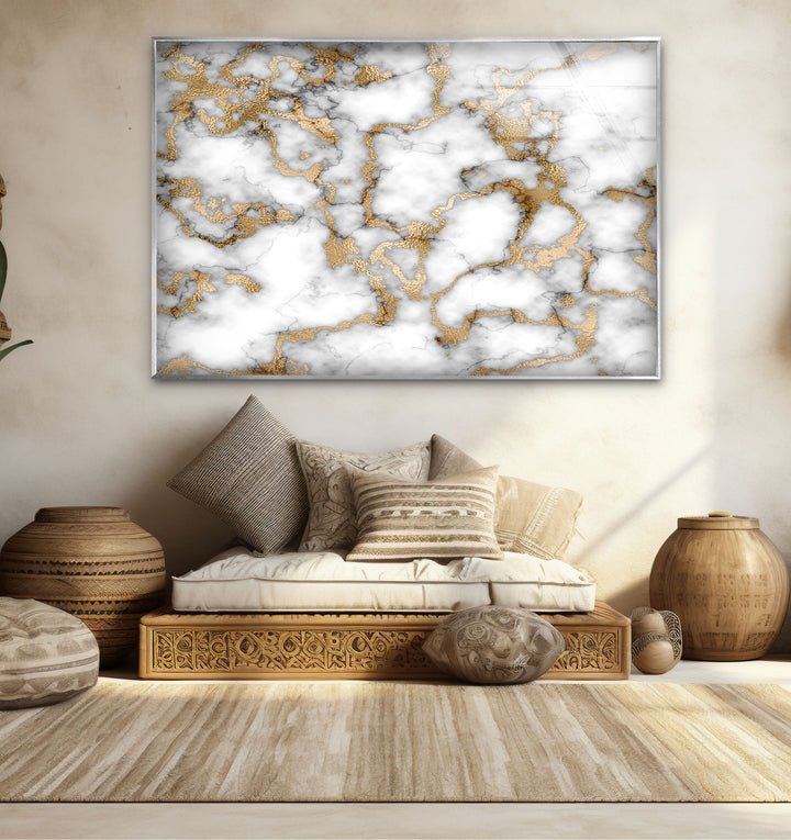 White Marble and Gold Wall Art – Elegant Abstract Glass Print with Luxe Metallic Veining for Glamorous and Modern Interiors