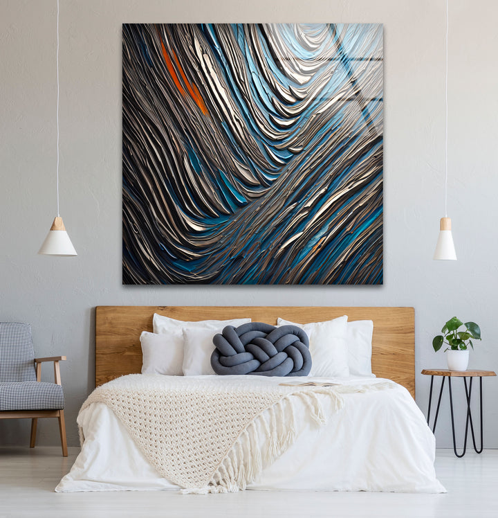 Textured Waves Abstract Glass Wall Art – Blue & Metallic Modern Decor