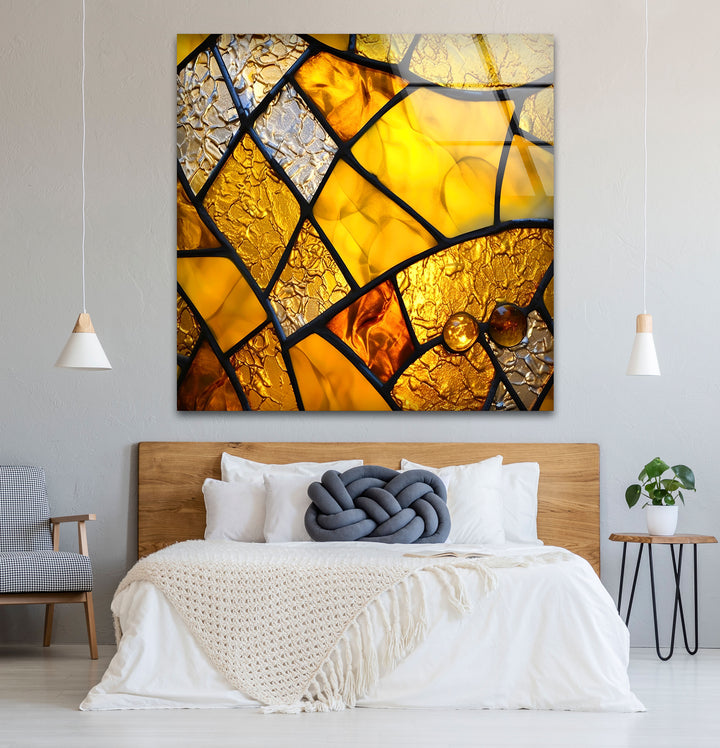 Goldene Buntglas-Wandkunst – Abstrakter strukturierter Glasdruck für Zuhause und Büro