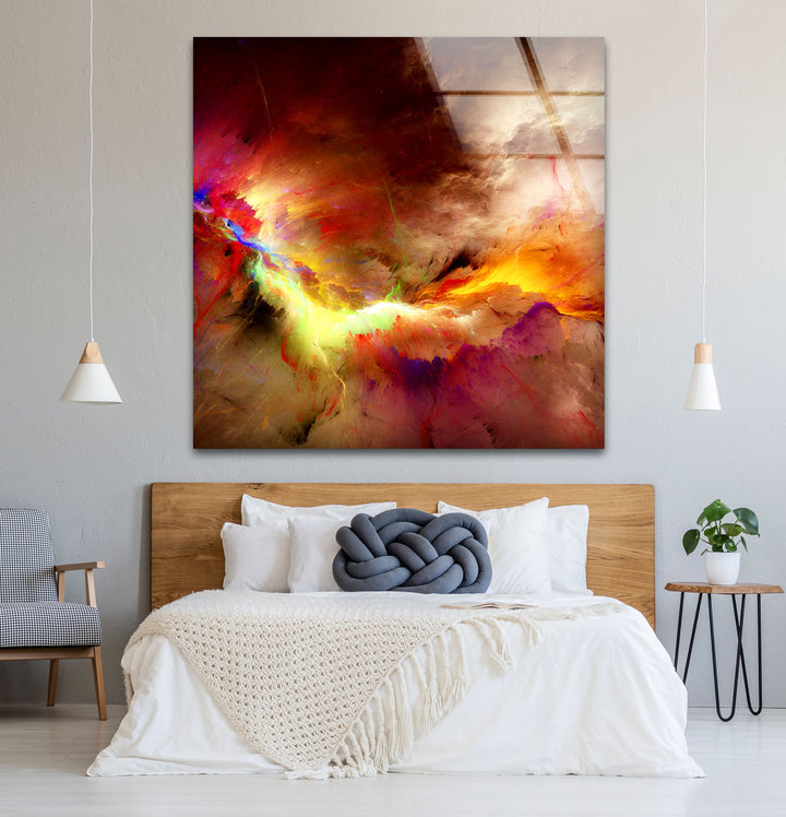 Fiery Nebula Explosion Wall Art – Abstract Cosmic Storm Glass Print Decor