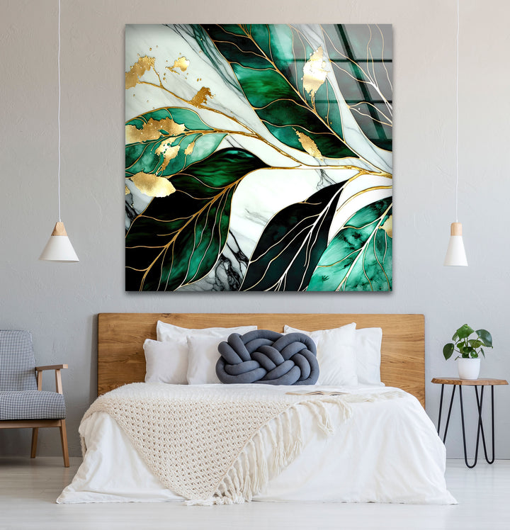 Gold & Emerald Botanical Glass Wall Art – Luxury Green Leaf Design