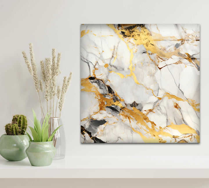 White Gold Marble Wall Art – Elegant Glass Print with Luxe Veined Texture for Modern Interiors - MyPhotoStation