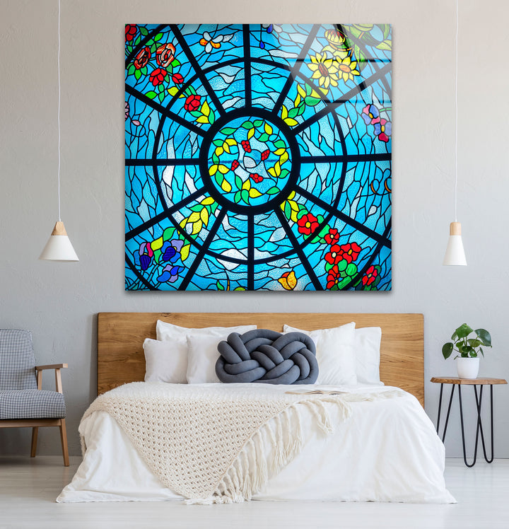 Blue Stained Glass Wall Art – Vibrant Floral & Ocean Window Design for Home & Office