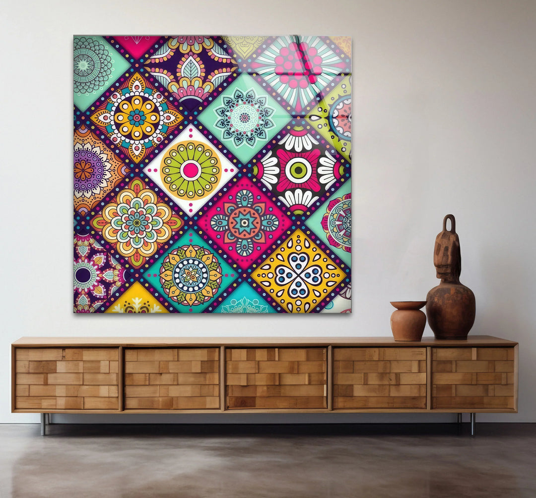 Bohemian Mandala Glass Wall Art – Colorful Mosaic Pattern for Eclectic Interiors - MyPhotoStation