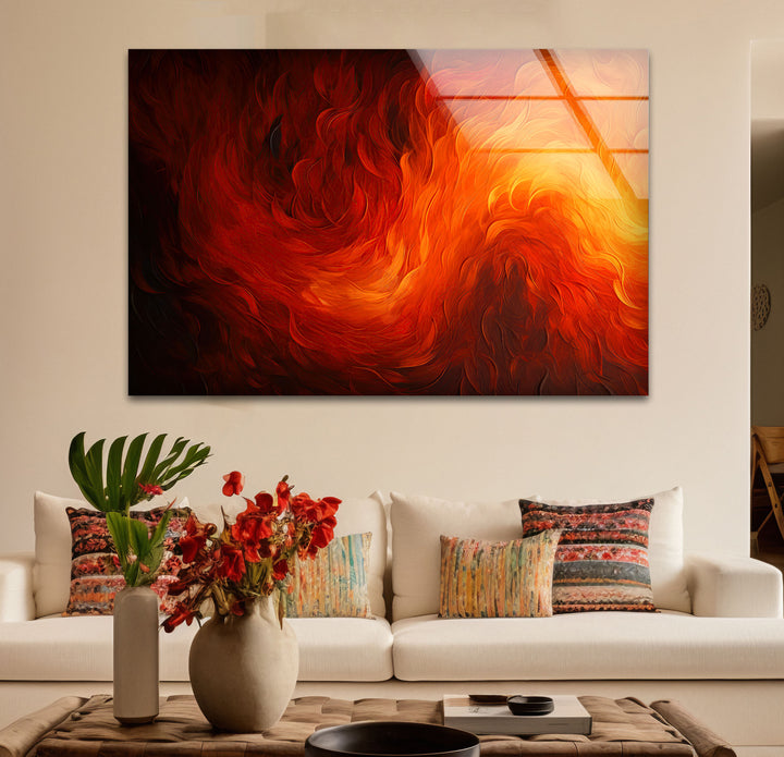 Fiery Abstract Glass Wall Art – Vibrant Red & Orange Flame Energy