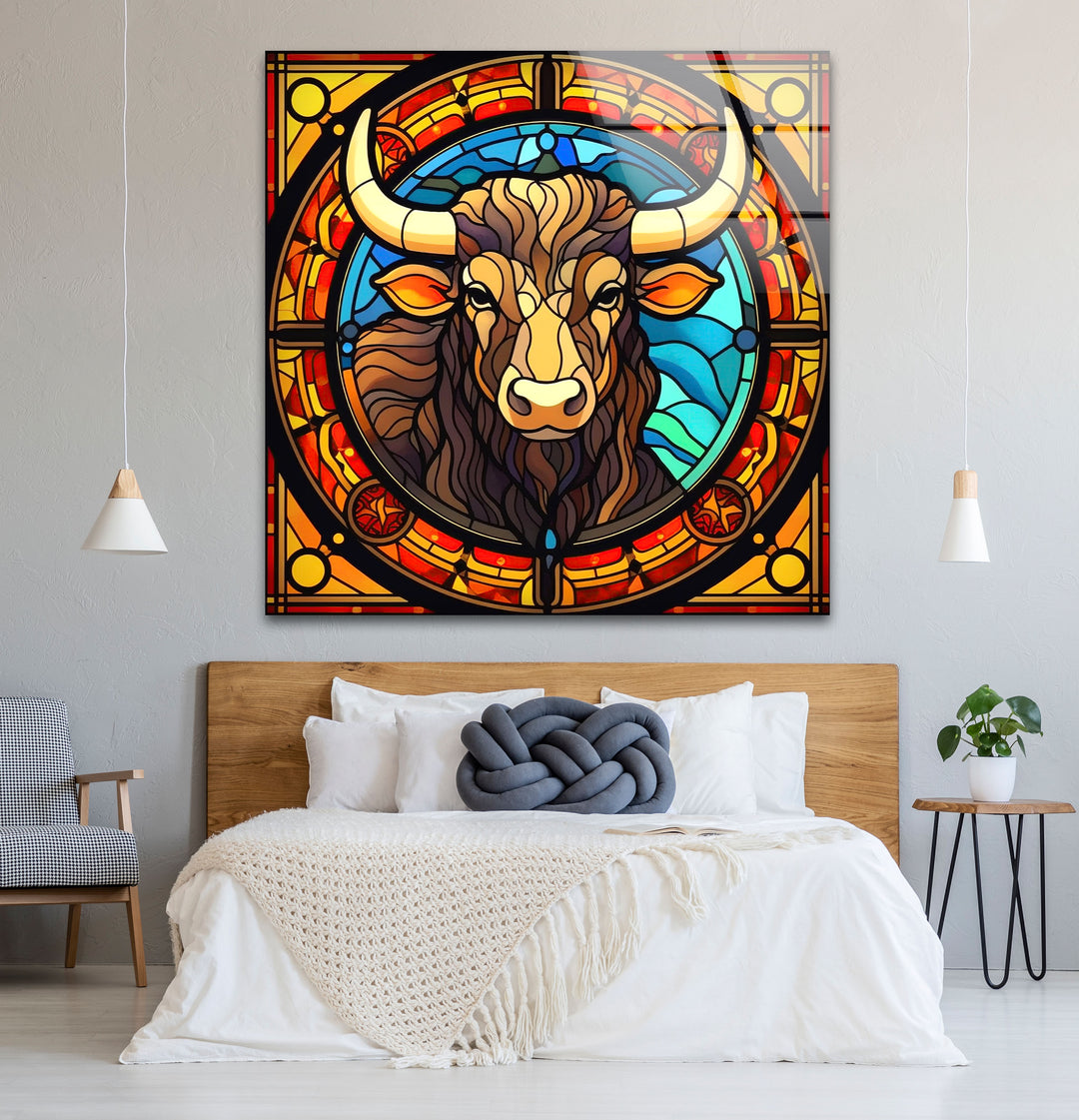 Wanddekoration mit Stier aus Buntglas – Rustikales Dekor, modernes Tierdesign 