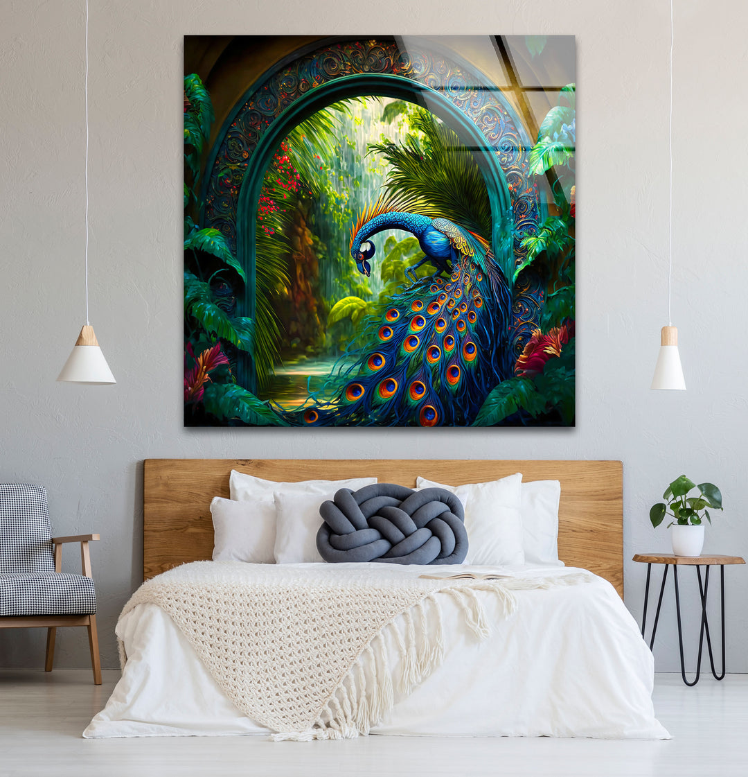 Majestic Peacock Garden Glass Wall Art – Elegant Nature-Inspired Decor