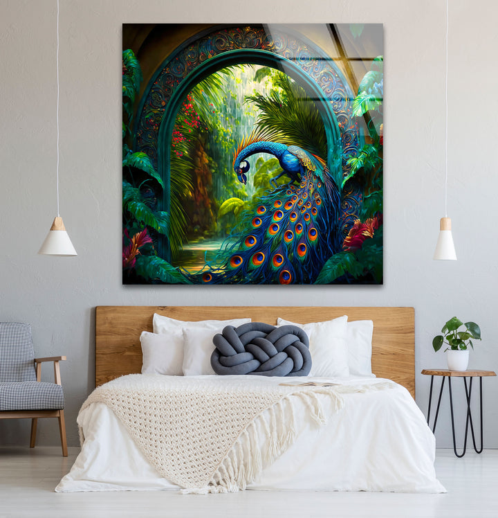 Majestic Peacock Garden Glass Wall Art – Elegant Nature-Inspired Decor