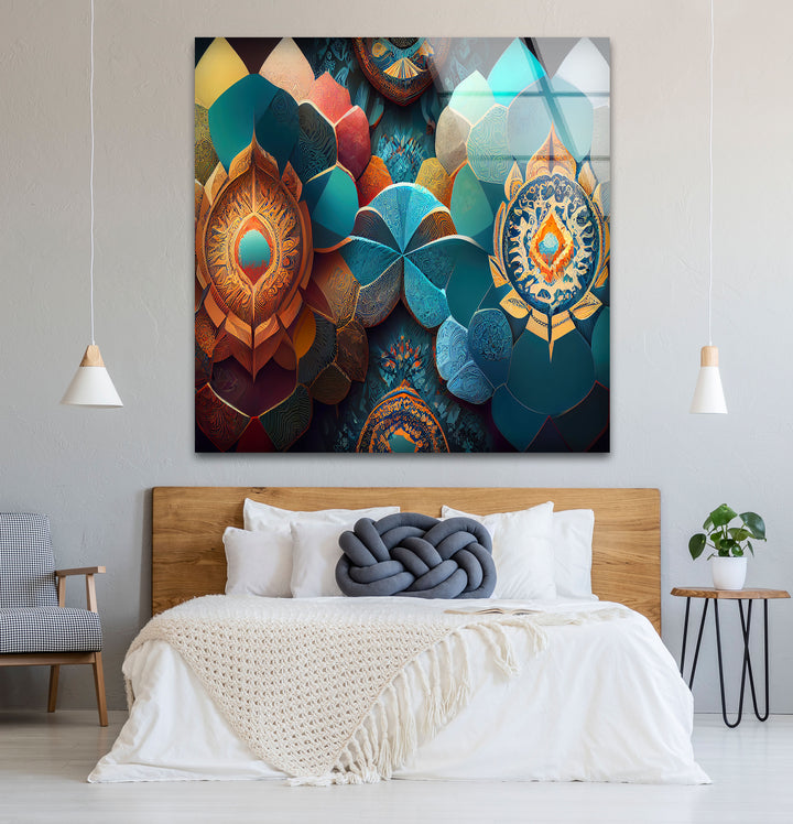 Luxuriöse Mandala-Wandkunst aus Glas – Abstraktes geometrisches Blumendesign